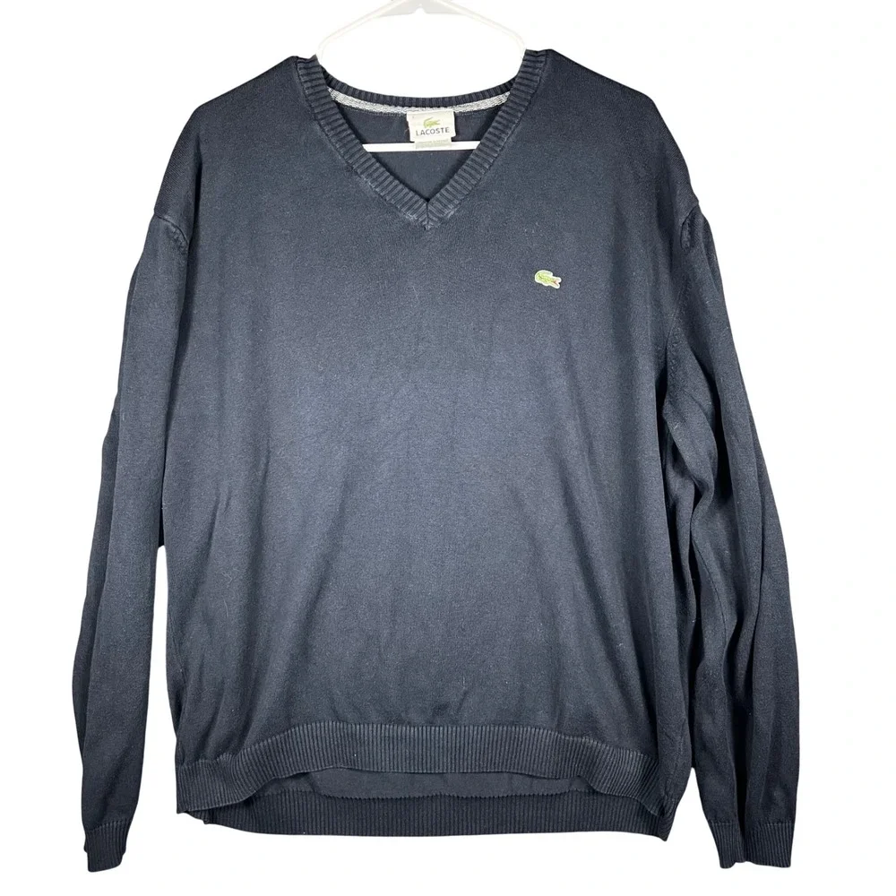 Lacoste V-Neck Sweater Mens 7 XXL Navy‎ Blue 100% Cotton F5178 Pullover Logo
